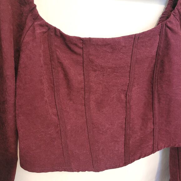 Kirious Juniors Puff Sleeve Corset Crop Top XL Square Neck Deep Maroon Romantic - Picture 3 of 7